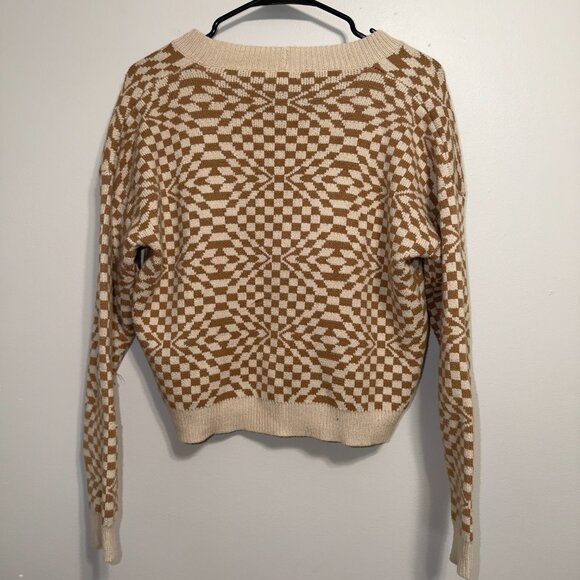 Debut Checkered Cardigan Size M Tan Cream V Neck Button Cozy Knit - Picture 7 of 7
